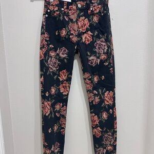 7 For All Mankind Black Skinny Jeans with Pink and Green Rose Print